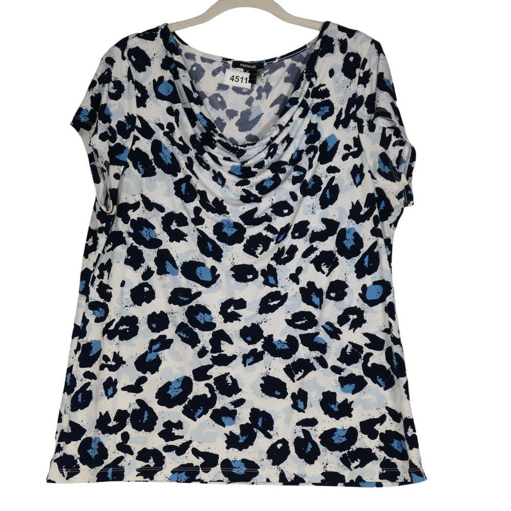 Premise Blouse Women Size XL Blue Black Wild Print Animal Slinky Drape Neck